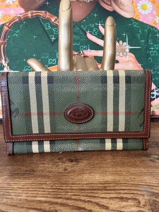 Burberrys Vntg Green Plaid Canvas Leather Trim Wallet - Picture 3 of 8